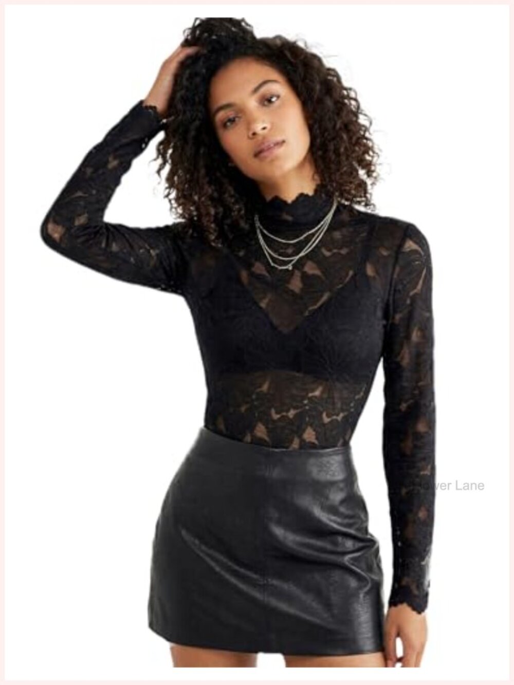 Fuzzy Floral Lace Long Sleeve Mock Neck Blouse Bodycon Layering Top
